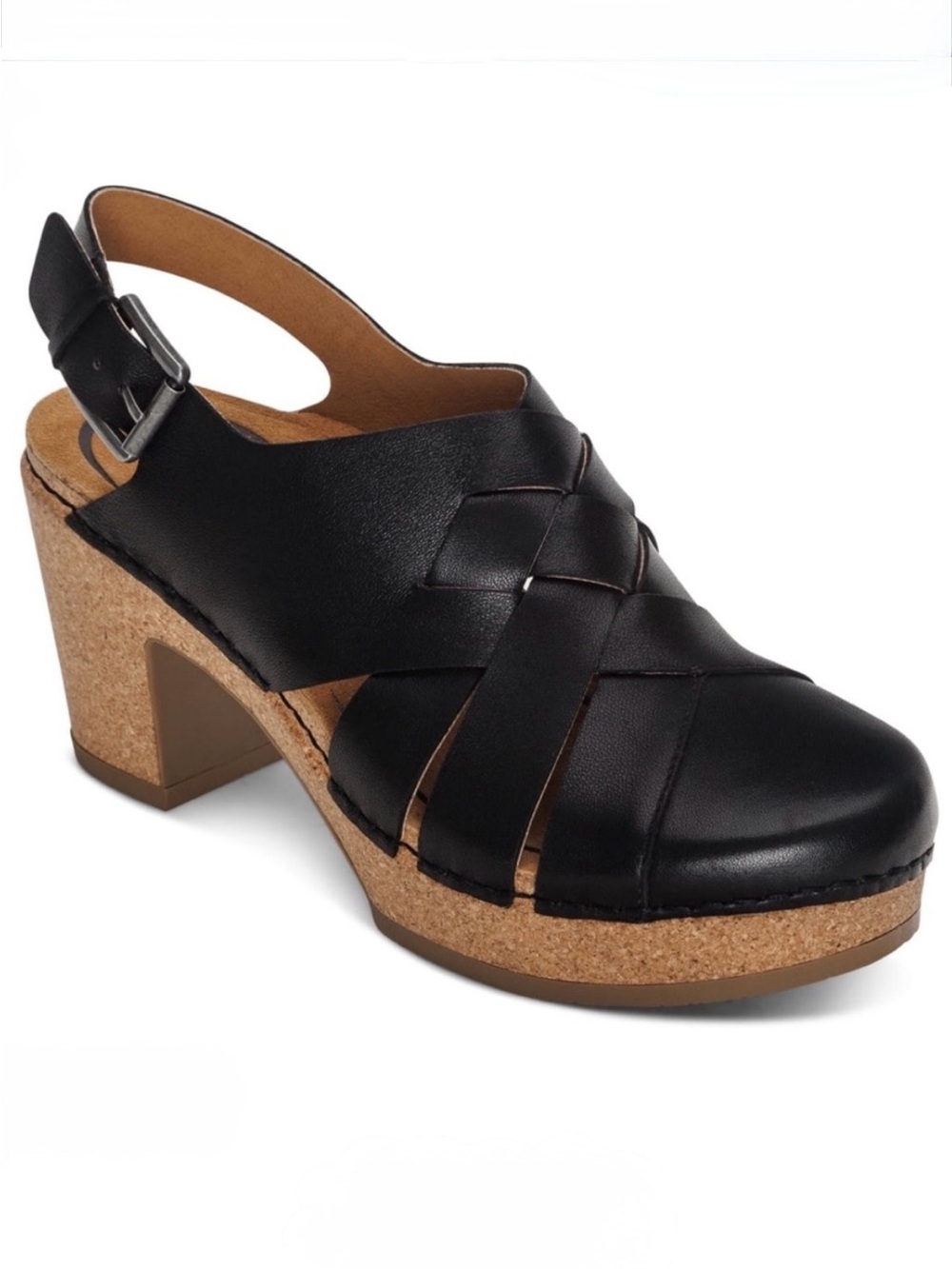 Aetrex Paige Black Woven Leather Cork Block Heel Clog -size 40 (9-9.5)